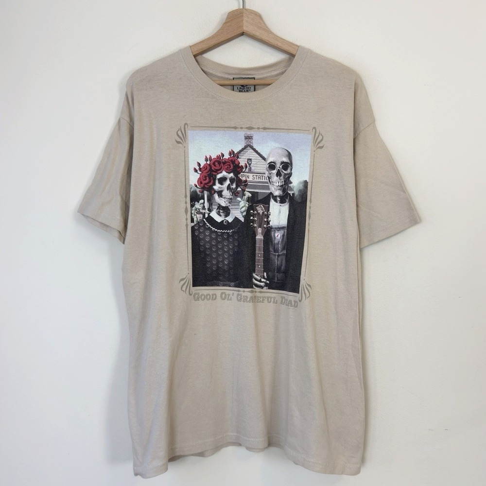 Vintage Y2k Liquid Blue Grateful Dead Gothic Art Tan Tee Shirt - Large